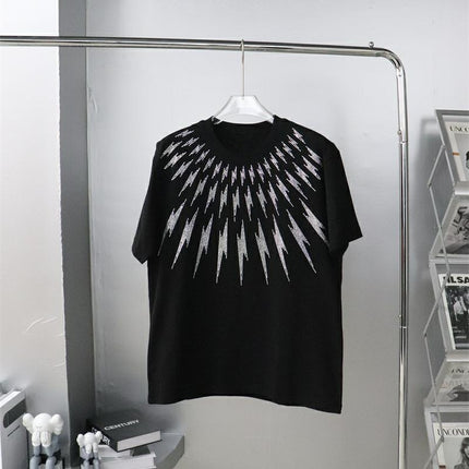 23 Large Edition Heavy-Duty Rhinestone Front and Back Lightning Design Unisex Loose Short-Sleeve T-Shirt Plus Size for Big and Tall Versatile Pure Cotton