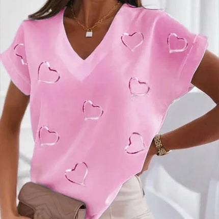 2023 New Hot Independent Station Loose V-neck Love Printed Short Sleeve T-Shirt for Women