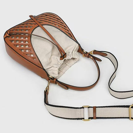 Z Brand Women's Bag 2025 Dark Brown Woven Hollow-Out Bucket Bag Single Shoulder Crossbody Bag European and American Retro Style