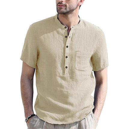 Foreign Trade Cross-Border Men's Henry Collar Solid Color Pocket Short-Sleeved Shirt Amazon European and American Men's Cotton and Linen Shirts