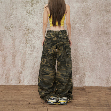 American Retro Camouflage Drawstring Design Low-Waist Cargo Pants for Women Summer New Loose Slimming Leggings Casual Pants for Women
