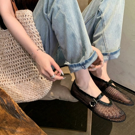 European and American Style Fashion Ballet Shoes Women's Spring and Summer New Mesh Hollow Breathable All-match Shoes One-word Mary Jane Shoes