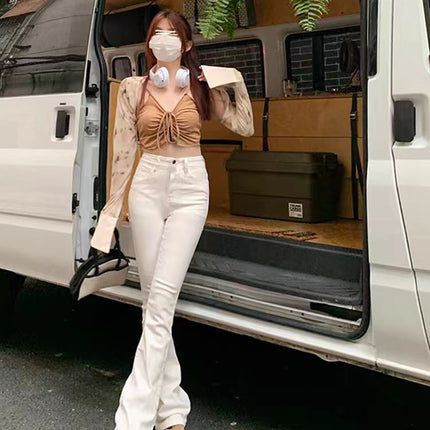 American-Style White High-Waisted Flared Jeans for Women, Spring and Autumn, Plus-Size, Stretchy, Slimming, Floor-Length Bootcut Pants