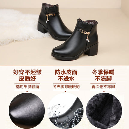 Mother Shoes Thick Heel Cotton Shoes Winter fleece-lined Middle-aged and Elderly Winter Shoes Middle-aged Women's Shoes Warm Short Boots Autumn and Winter Non-slip Leather Shoes