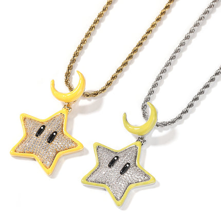European and American personality cartoon luminous stars hip-hop necklace men's Joker diamond-encrusted copper material Tide brand pendant jewelry wholesale