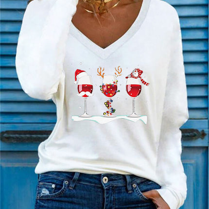 New Color European and American Amazon Aliexpress Christmas Three Wine Glass Printed Long-Sleeved Versatile Christmas Women's T-Shirt
