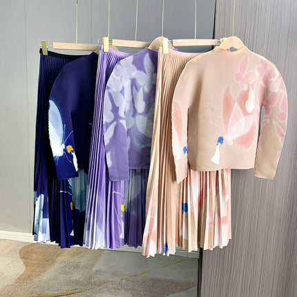 Early Autumn Pleated Fashion Stylish Design Printed High Neck Slim-Fit Stretch Long Sleeve Top Elastic Waist Skirt suit