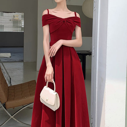 Sling off-shoulder engagement dress women's niche toast bride A- shaped wedding banquet back door dress