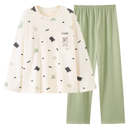 Xinkan Double-Sided Pure Cotton Pajamas for Women, Quality Fashionable Long-Sleeved with Chest Pads, Cotton Women's Home Wear Set That Can Be Worn Outside
