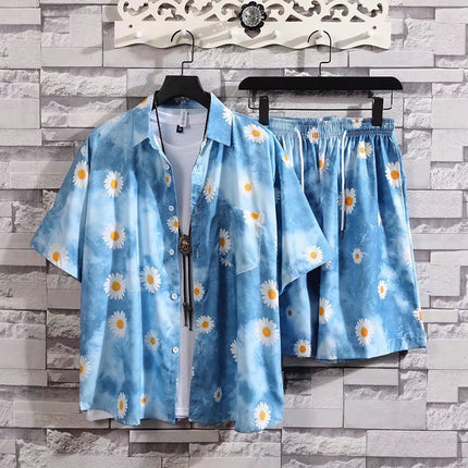 Summer Shirt Short-sleeved Shorts suit Men's Casual Two-piece Set Seaside Beach Couple Vacation Fat Handsome Set