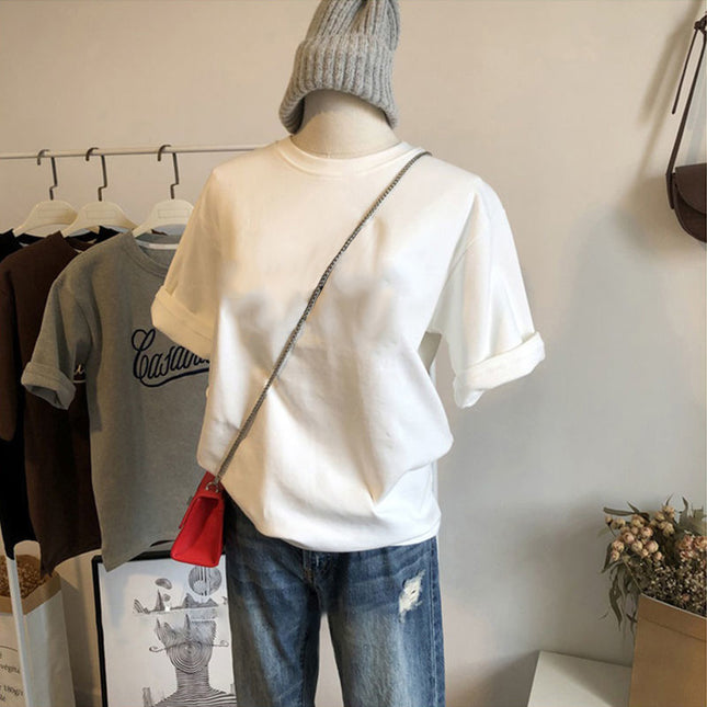 2022 Summer New Short-sleeved Light Panel T-shirt Simple Style Women's Solid Color Loose T-shirt Top Instagram Trendy Cross-border Hair