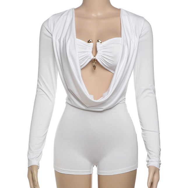 Amazon Foreign Trade Best-Selling Women's Solid Color Long-Sleeved Swing Collar Cut Out Accessible Luxury Sexy Sexy Nightclub Slim Jumpsuit