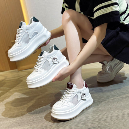 Genuine Leather White Shoes for Women 2026 Summer New Style with Internal Height Increase, Breathable Mesh Platform Shoes, Versatile Casual Sneakers