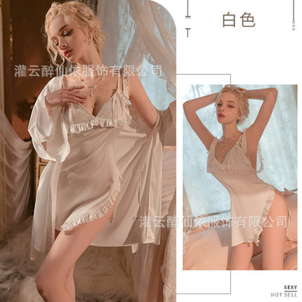Pure Desire Nightgown Set Women's 2023 New Spring and Summer Sexy Silk Sling Side High Split Set Women's 1935