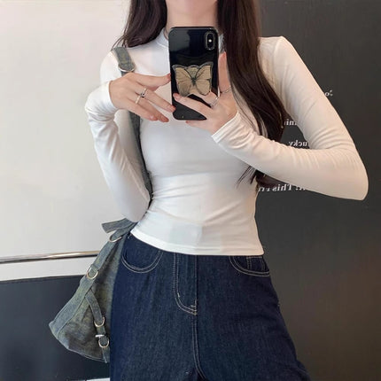 Foreign Trade Hot Girl Waist-Cinching Long-Sleeve T-Shirt for Women, Spring and Autumn Solid Color Slim-Fit Versatile Base Shirt, White Top