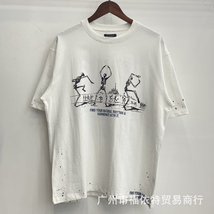Cross-Border Far American Washed Distressed Short-Sleeved High Street Cross Lip Print Style Fashion Casual Loose Men's and Women's T-Shirts