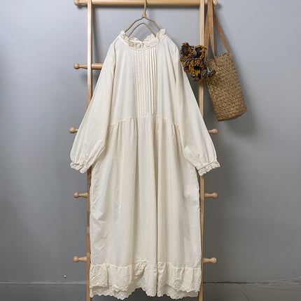 Artistic Retro Autumn Solid Color Long-sleeved Dress All-match Casual Slimming Cotton and Linen Lace Collar Base Dress for Women