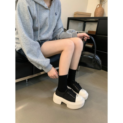 2024 Internet Popular Same Style Large Round Head 7cm Thick Sole Increased Lace-up Round Head Small White Shoes Casual Canvas Shoes Women's Autumn and Winter