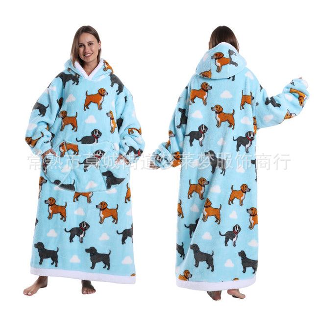 Amazon Autumn and Winter Europe and the United States New Lazy Men's and Women's Bathrobe Hoodies Printed Thickened Long Nightgown Coral Fleece