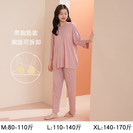 Modal Pajamas for Women, Spring and Summer Long-Sleeved, High-End, Large Size, Can Be Worn Outside, Spring and Autumn Women's Home Clothes with Chest Pads