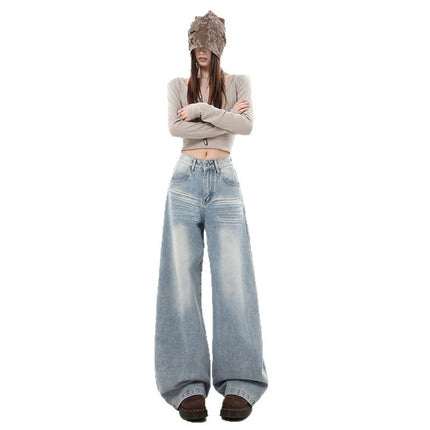 Light Blue Women's Jeans Autumn New American Design Loose Slimming Drapey Lazy Floor-Length Wide-Leg Pants