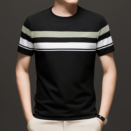 Mingdi Mouse Summer New All-match Loose T-shirt Casual Round Neck Striped Short-sleeved Young and Middle-aged Men's T-shirt Top
