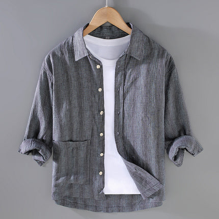 G062 New Summer Linen Men's Youth Three-Quarter Sleeve Shirt Loose Casual Versatile Japanese Style Style One Piece Drop Shipping