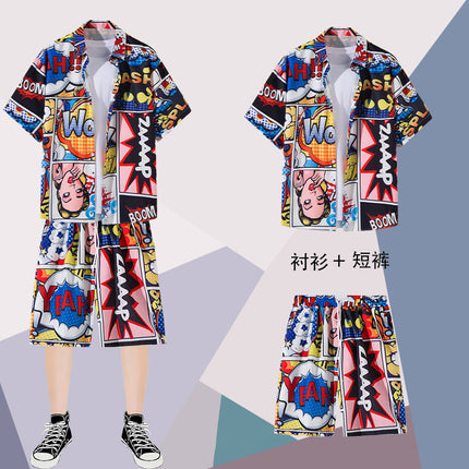 Summer thin short-sleeved floral shirt men's Hong Kong style retro Ruan Shuai Hawaiian seaside couple short-sleeved shorts two-piece set
