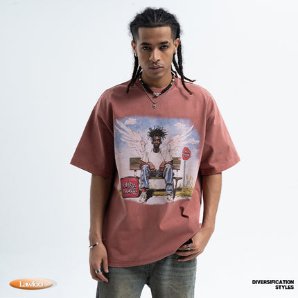 LawFoo American Street Washed Old Street Figure Printed Spring and Summer Loose Short-sleeved T-shirt Men's Top