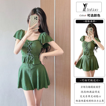 Women's Swimsuit 2025 New Pure Desire High Waist Slim Solid Color Separates Skirt Swimsuit Hot Spring Beach Swimsuit Wholesale