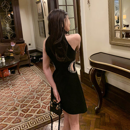 French Style Socialite Party Little Black Dress Birthday Party Waist Sparkling Diamond Engagement Dress for Women