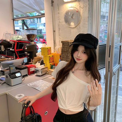 Gray Off-Shoulder Short-Sleeve T-Shirt for Women, Summer Design with a Unique Twist, Off-Shoulder Slim-Fit Crop Top for a Hot Girl Look