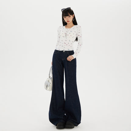 American-Style Dark Blue Non-Stretch Flared Jeans for Women, 2025 Autumn and Winter New Loose High-Waisted Slimming Bootcut Pants