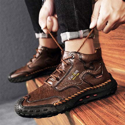 Cross-Border Large Size 48 High-Top Casual Leather Shoes Men's Non-Slip Hiking Shoes Sewn Handmade Shoes Work Shoes Outdoor Casual Shoes