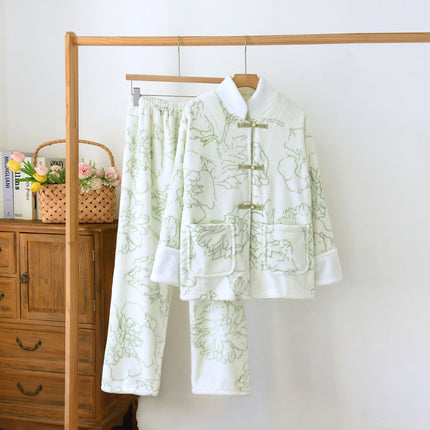 Flannel Green Lapel Cardigan Pajamas suit Women's Autumn and Winter fleece-lined Thickened Lapel Warm Outer Wear Home Clothes