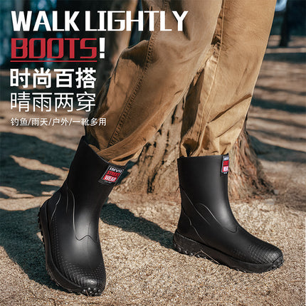 Cross-Border Men's Mid-Calf Outer Rain Boots Thickened Non-Slip Particle Sole Rain Boots Fishing Shoes Rubber Shoes Waterproof Car Wash Shoes