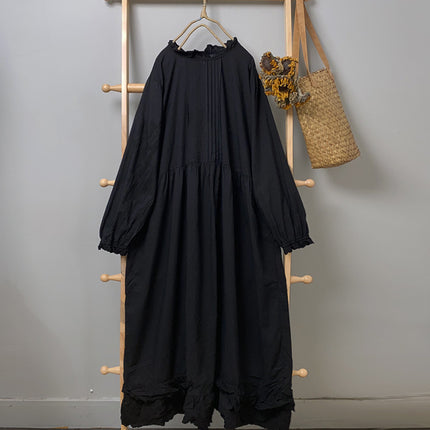 Artistic Retro Autumn Solid Color Long-sleeved Dress All-match Casual Slimming Cotton and Linen Lace Collar Base Dress for Women