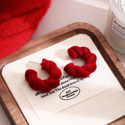 925 Silver New Wine Red Flocking Earrings Elegant Atmosphere Bow Rose New Year Spring Festival Chinese Style Earrings