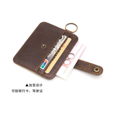 Vintage Oil Wax Leather Buckle Genuine Leather Card Holder Men's Multifunctional Cowhide Women's Coin Purse with Key Ring Driver's License Holder