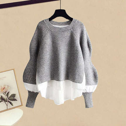 Autumn with a set of 2024 new plus size wear fake two-piece shirt top women's skirt two-piece set