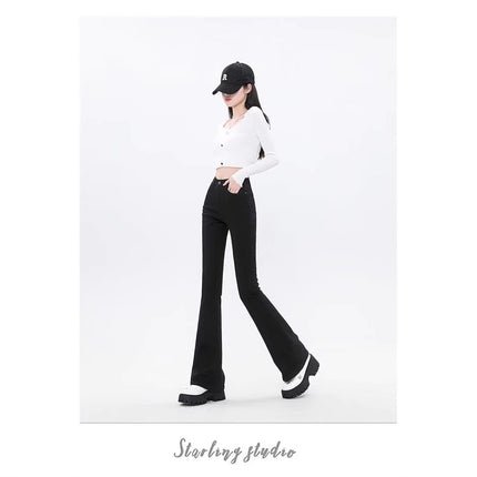 American-Style Black Flared Jeans for Petite Women, Summer New High-Waisted Slim-Fit Bootcut Floor-Length Pants