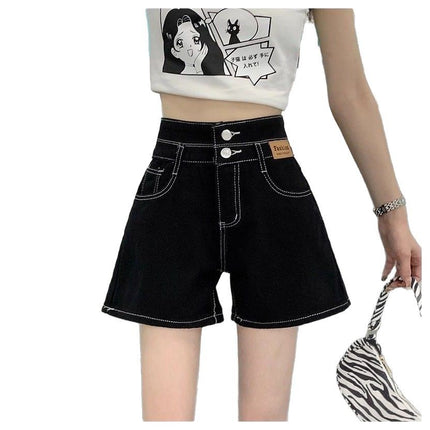2025 New Black Hole Denim Shorts Women's Summer Students Loose Straight Scrub High Waist Slim A- Shed Hot Pants