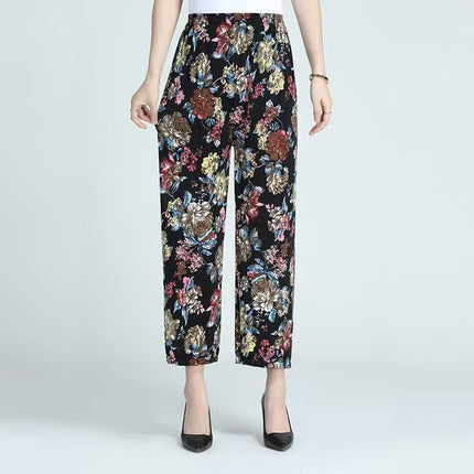 Foreign Trade Plus Size Middle-aged and Elderly Summer Thin Breathable Nine-point Flower Pants Mom Pants Ice Silk Loose Straight Pants