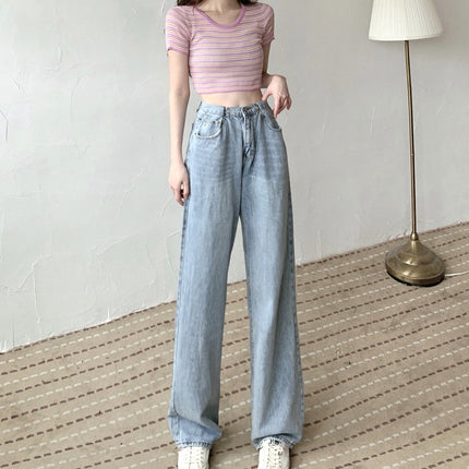 2024 summer light-colored high waist jeans women's slimming high-leg straight pants elegant style draping mop pants