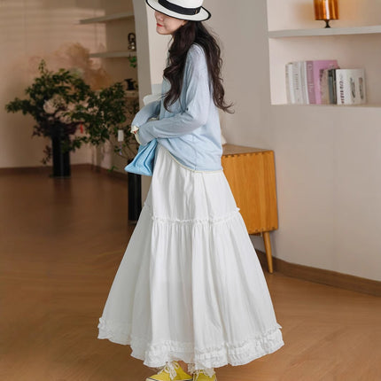 2025 New Summer Style Ear-Hem Elastic Waist Long Gentle Style A-Line Skirt Women's Hem Lace Splicing Skirt
