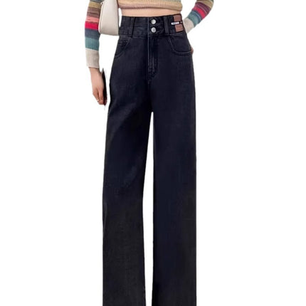 fleece-lined Thickened High Waist Wide Leg Jeans Women's Trendy All-match New Loose Black Grey Small Straight Pants