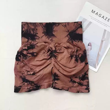 Seamless Fitness Suit High-Waisted Tie-Dye Women's Tight Peach Butt-Lifting Shorts European and American Quick-Drying One-Shoulder Bra Two-Piece Set