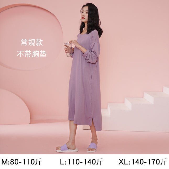 Modal Nightgown for Women, Long-Sleeved, Long Style, High-End, Solid Color, Large Size, Can Be Worn Outside, Spring and Summer, with Breast Pads, Nightgown Dress
