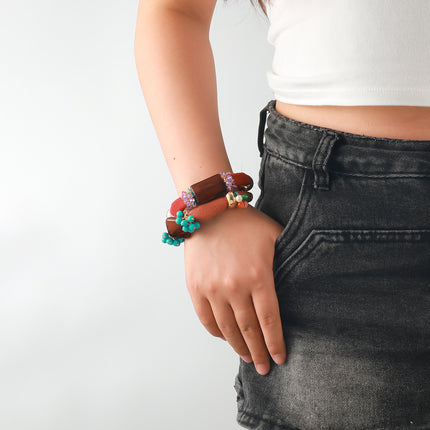 Za European and American Exaggerated Hand-Woven Turquoise Alloy Bracelet 2-Piece Set Summer Beach Vacation Style Hand Jewelry Cross-Border Supply