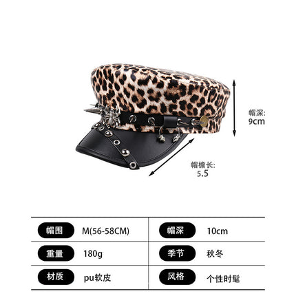 Trendy Ins Fashion Chain Spider Navy Hat for Women Spring Summer Pu Leather Flat Top Hat Black Leopard Print Personality Newsboy Cap